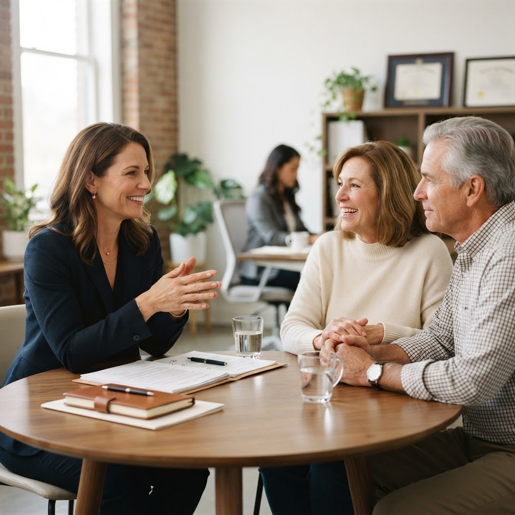 An attorney meeting with clients across a table in a bright office